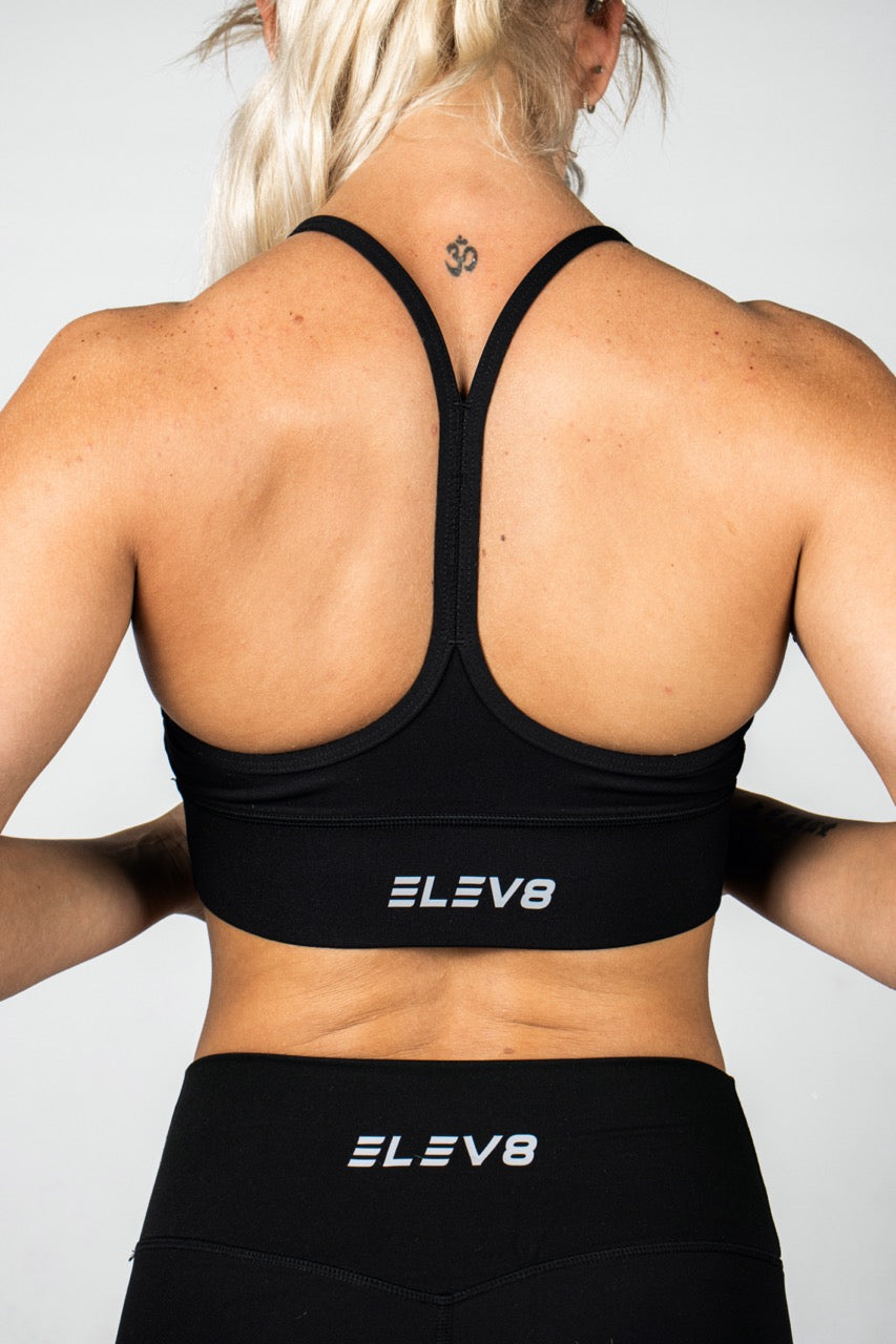 Elev8 black sports bra back strap detail — womens gym wear South Africa