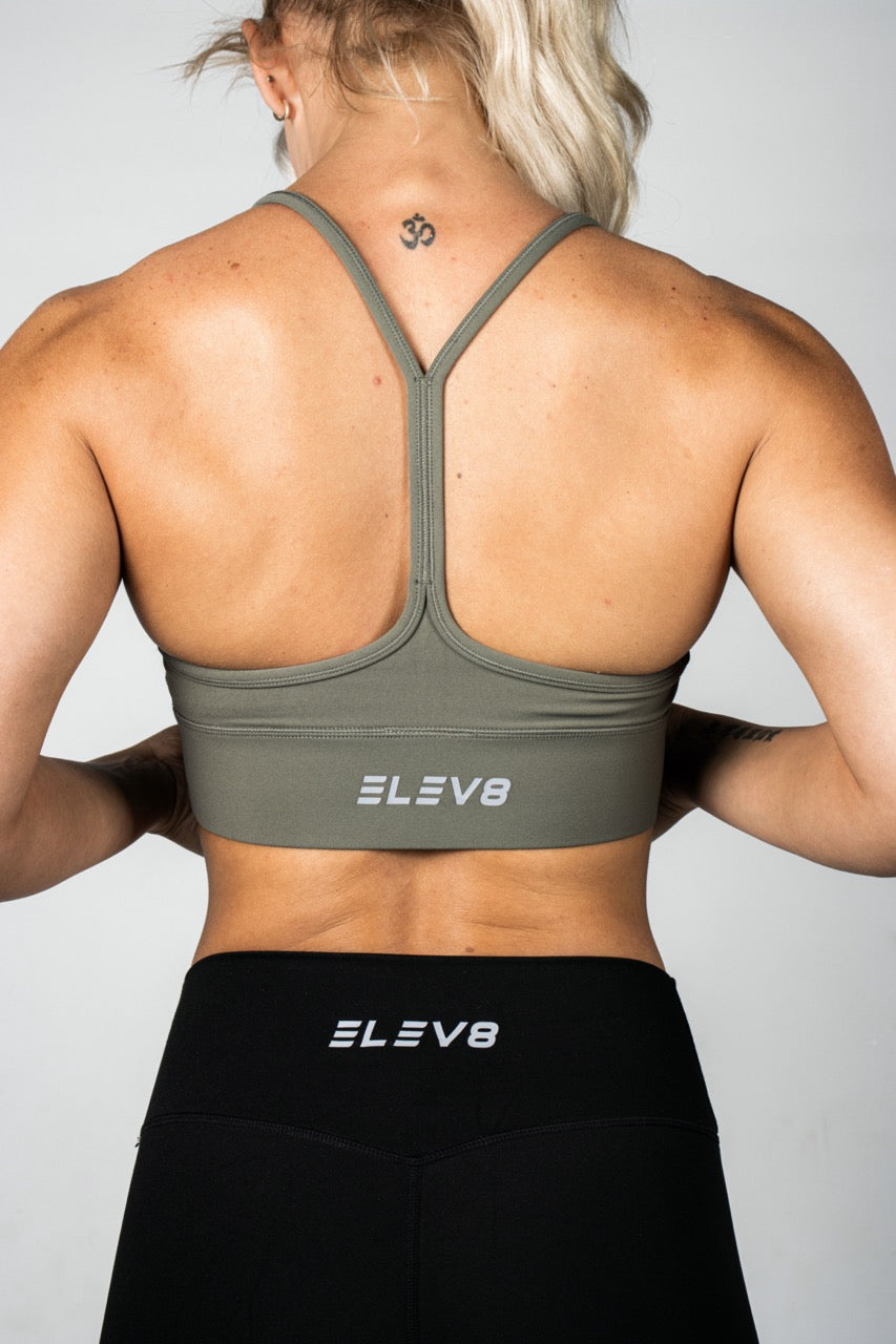 Elev8 army green training bra back straps — womens activewear SA