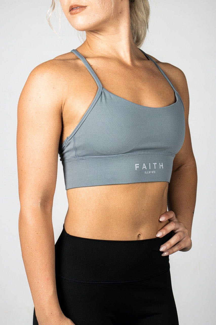 Elev8 blue gray Faith Bra front — womens sports bra SA
