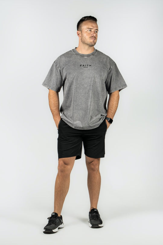 Elev8 gray washed oversized tee back full length — mens gym apparel SA