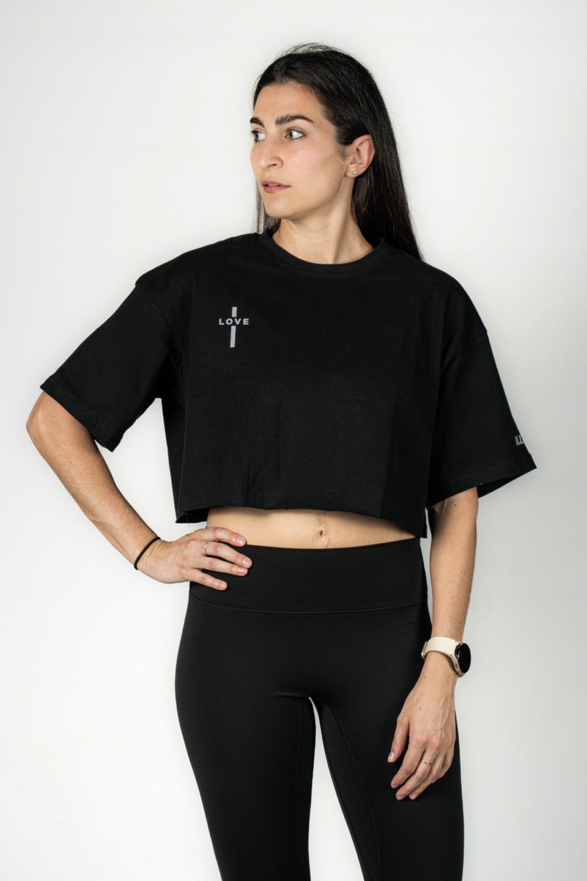 Elev8 Love cross print detail black crop tee — faith fitness apparel SA