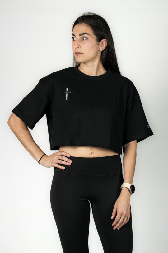 Elev8 Love cross print detail black crop tee — faith fitness apparel SA