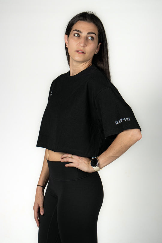 Elev8 black womens crop tee front — oversized gym top South Africa