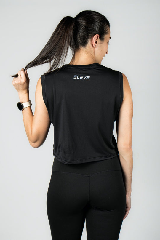 Elev8 womens black crop tank back view — gym activewear South Africa