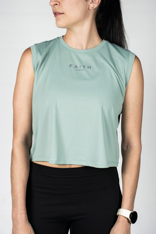 Elev8 Faith Muscle Crop Tank Green — womens sleeveless crop top SA