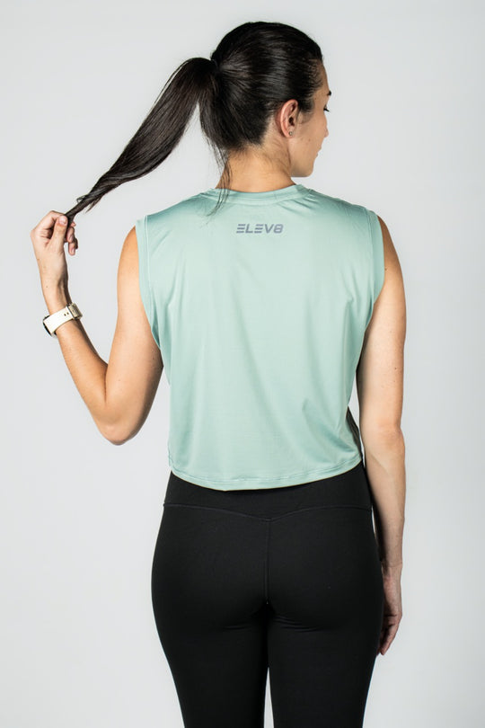 Elev8 green muscle crop tank back — womens fitness apparel SA